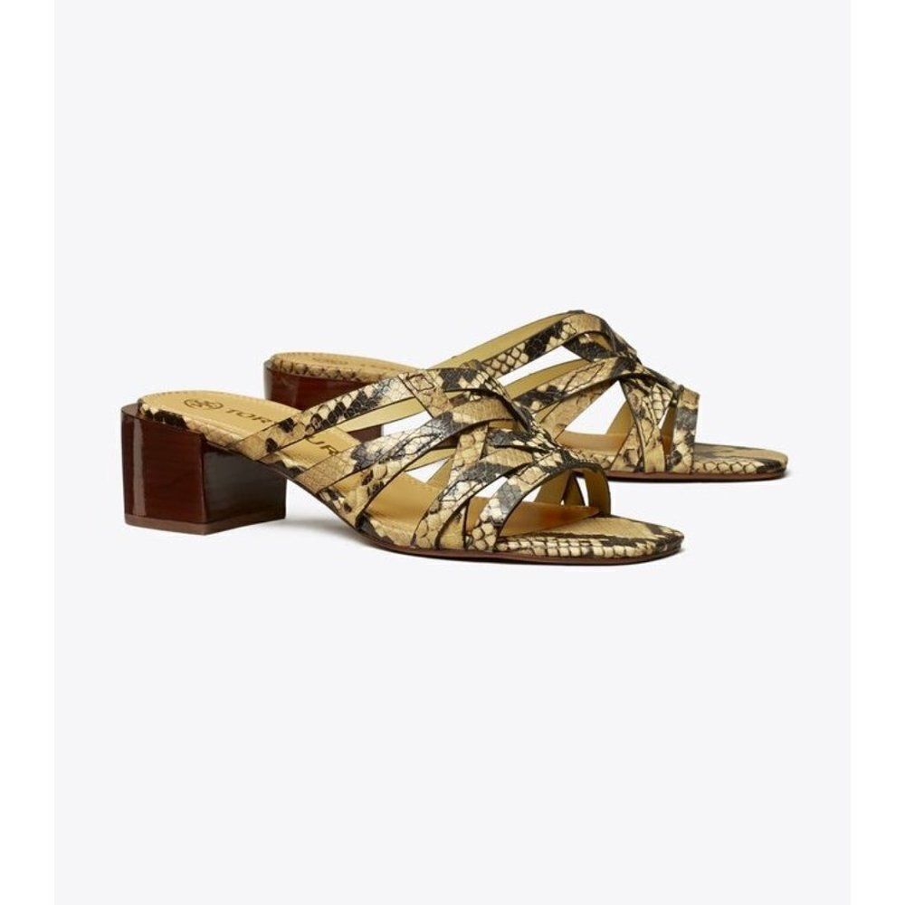 Tory Burch Pale Desert Roccia Basket Weave Leather Block Stacked Heel Size 7.5